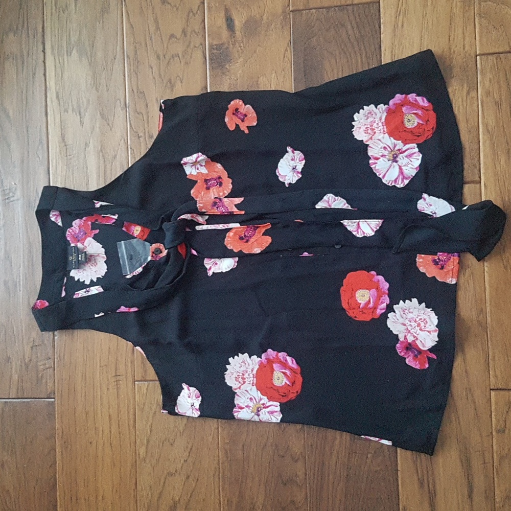JC Penney Worthington Petite Sleeveless Floral Top Work Wear Neck Tie Size MP
